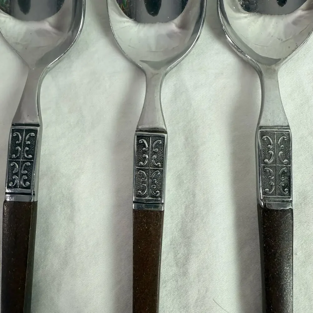 Ekco Eterna La Joya VTG Set 3 Tea Spoons Stainless Steel Faux Wood Flatware